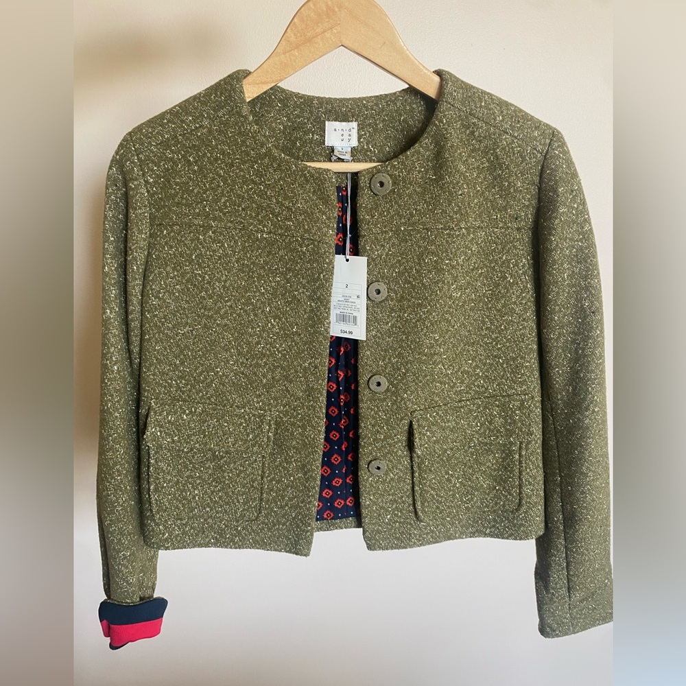 NWT Olive Green & Gold Women's Tweed Pea Jacket - Sz 2